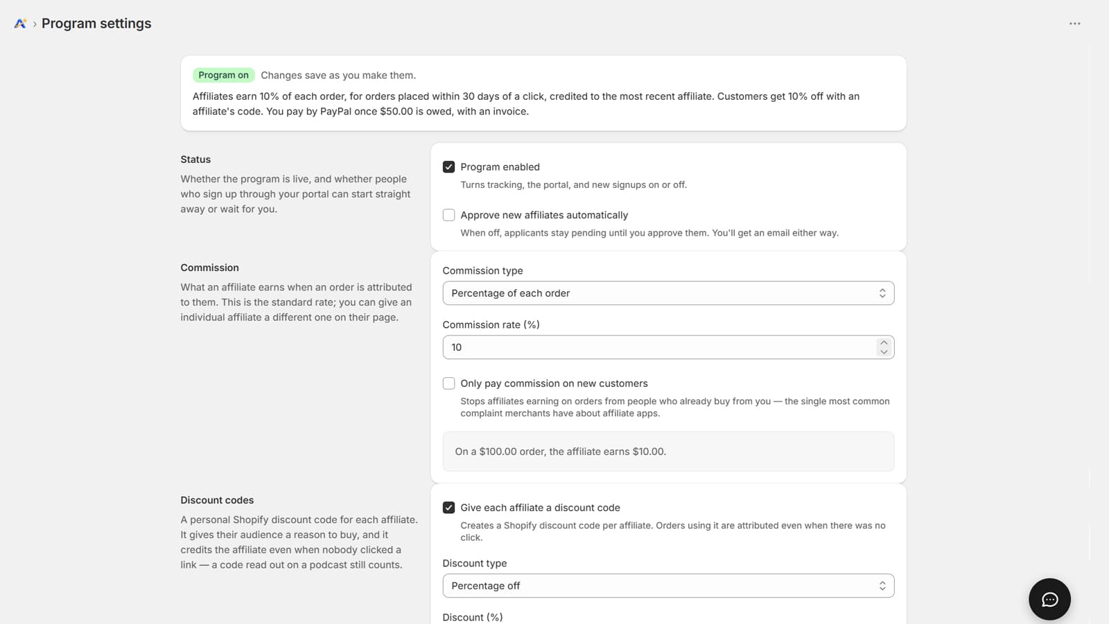 AffiliateStar program setup interface
