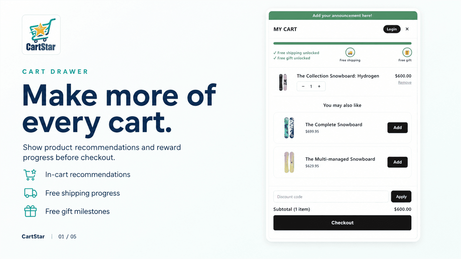 CartStar cart drawer with recommendations, free-shipping progress, and free-gift rewards in a demo store